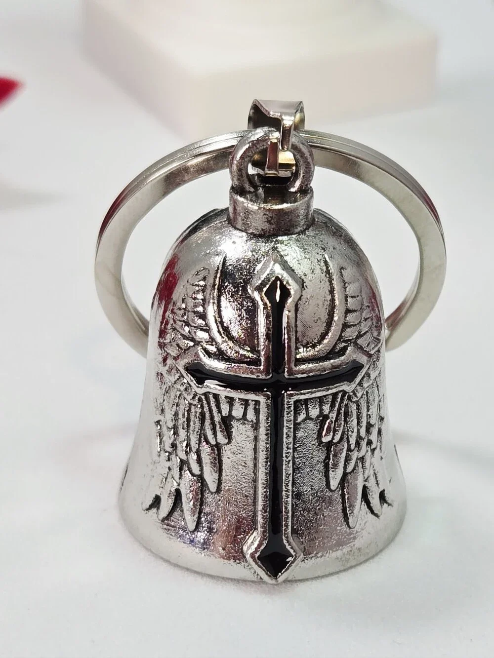Silver Cross & Wings Bell Keychain